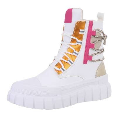 Lace-up ankle boots for women in white and pink